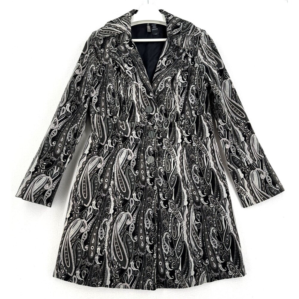 Bisou Bisou Michele Bohbot Trench Coat Women L Black Paisley Fit Flare Y2K Retro